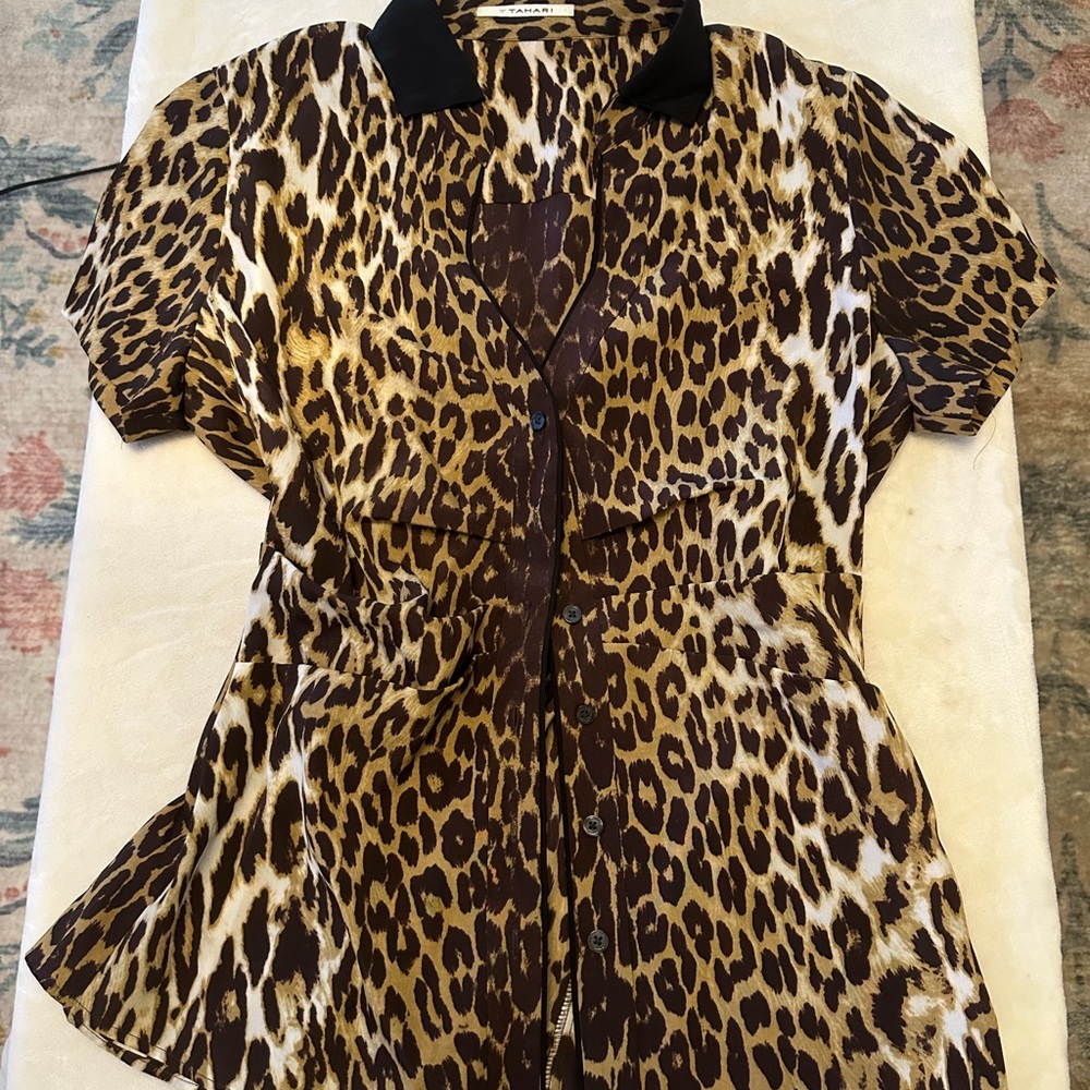 T Tahari Animal Print Blouse with Black Trim